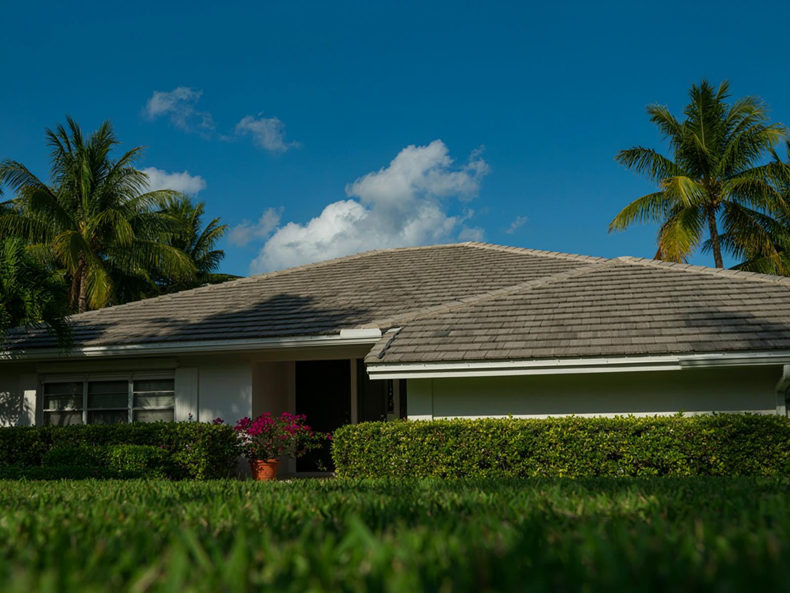 Tile roof on a single-story Florida home framed by palms under a blue sky